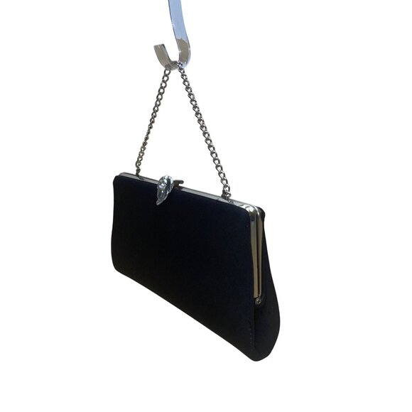 Black Satin Chain Handle With Silver Rhinestone Leaf Closure Evening Clutch - Picture 4 of 8